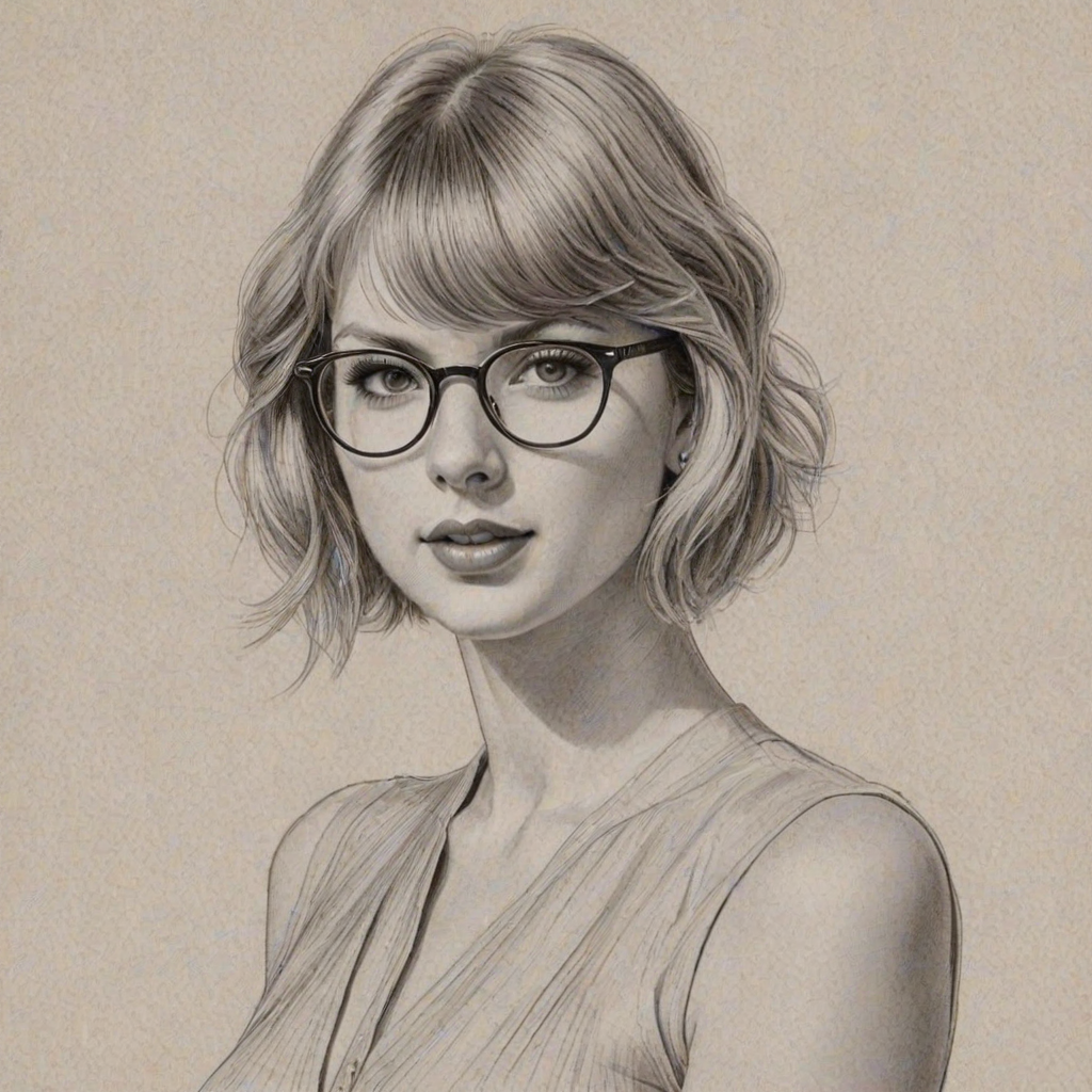 Splendid Taylor Swift, pencil sketch, portrait of Fetching woman 1928s in glasses, hair style beatnik, outline, clear lines, fine lines, 8k