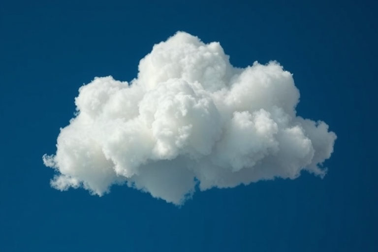 Create a 3D-rendered image of a fluffy white cloud with a glossy finish on a deep blue background, using a Canon EOS R5 camera, aperture f/8, ISO 100, focal length 50mm, capturing in a high dynamic range style.