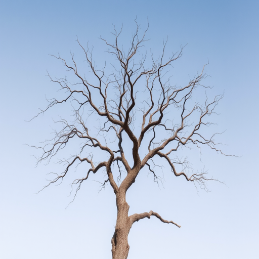 Create a high-resolution minimalist illustration of a gnarled, leafless tree, captured with a DSLR camera at f/2.8 aperture, ISO 100, and a 50mm lens, in natural light, from a low angle for dramatic effect.