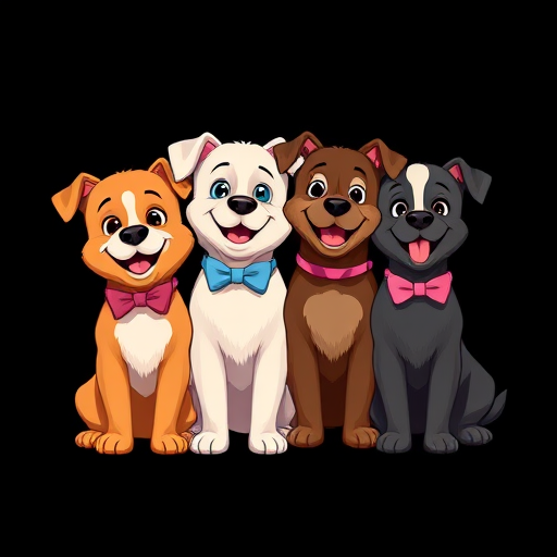 Create a vibrant cartoon illustration of four happy dog characters with different colors and bows, displaying various expressions while sitting close together on a solid black background, with high contrast and sharp details, using a digital illustration style, captured in a vibrant color palette with a focus on clean lines and smooth shading, simulating a Canon EOS 5D Mark IV, aperture f/2.8, ISO 100, with a wide-angle lens.