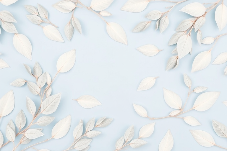Create a minimalist botanical pattern with light gray and white leaves on a soft blue background, captured with a DSLR camera, f/4 aperture, 50mm lens, ISO 100, taken from a top-down view with natural soft lighting.