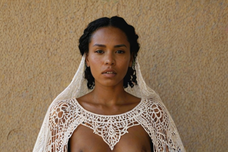 Face, shoulders, chest covered in openwork Cape Verdean embroidery. Raw, unedited image.