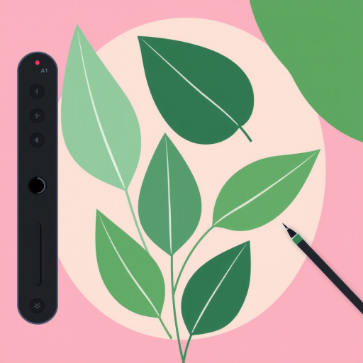 Create a vector-style illustration of five stylized leaves in a pink and cream background, using a digital drawing tablet with a 300 DPI resolution and an A4 canvas size.
