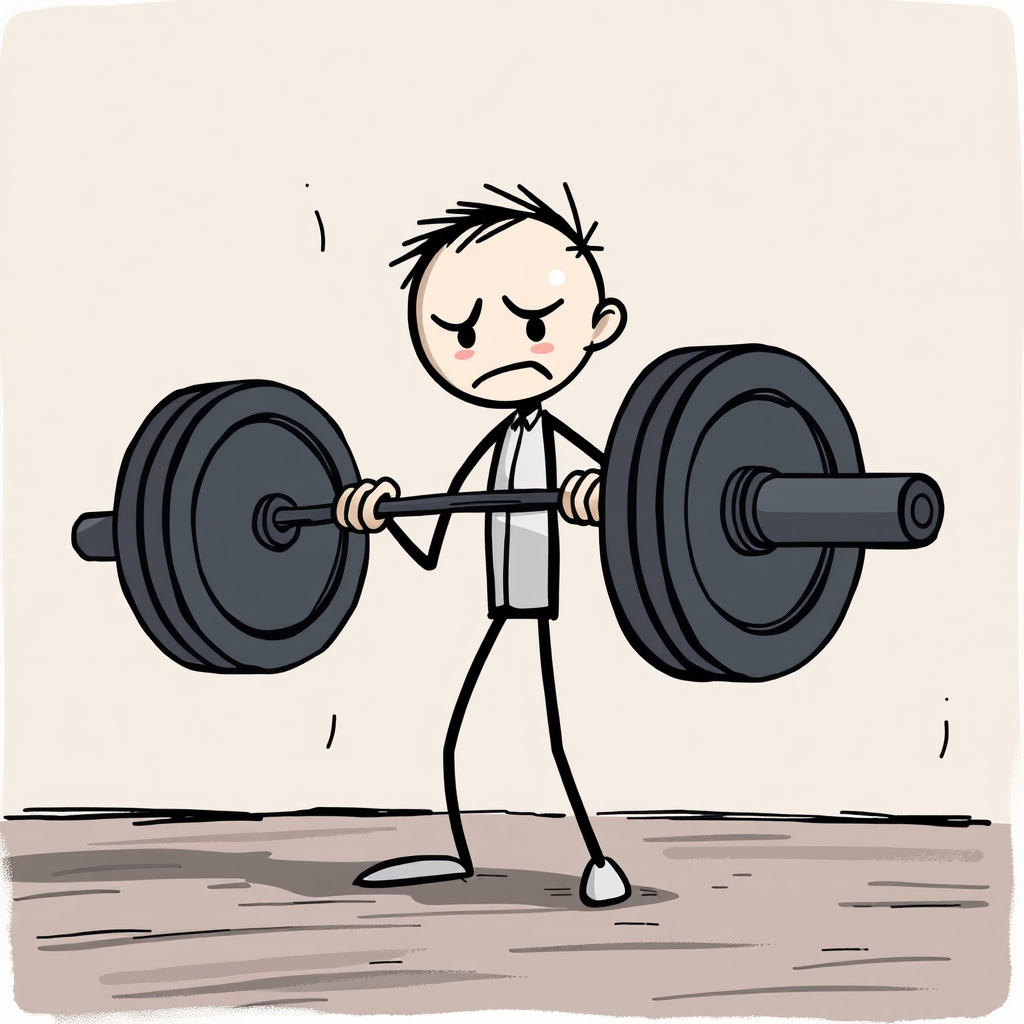 Create a high-quality illustration of a stick figure struggling to lift a heavy barbell, with a worried expression and sweat, using a Canon EOS R5 camera, 50mm lens, f/2.8 aperture, 1/200s shutter speed, shot from a low angle to emphasize the struggle.