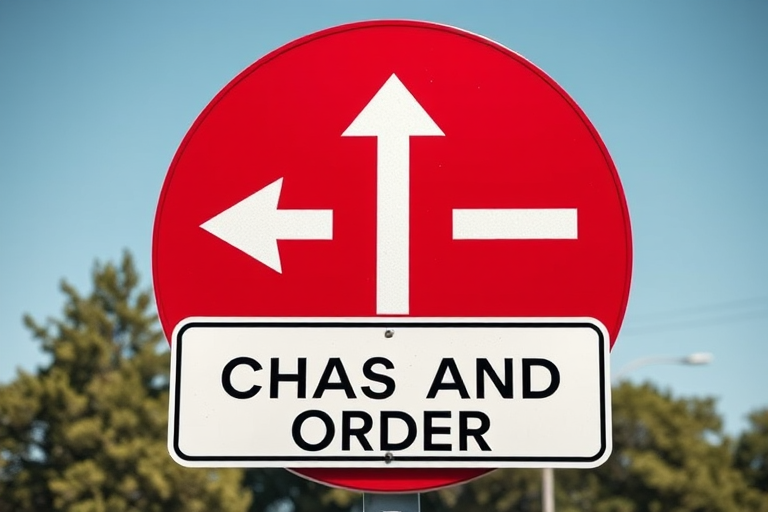 Create a high-resolution image of a roundabout sign with red background and white arrows indicating direction, including a white rectangular sign below that reads "CHAOS AND ORDER," shot with a DSLR camera at f/8 aperture, 50mm lens, ISO 100, in natural daylight with a clear view.