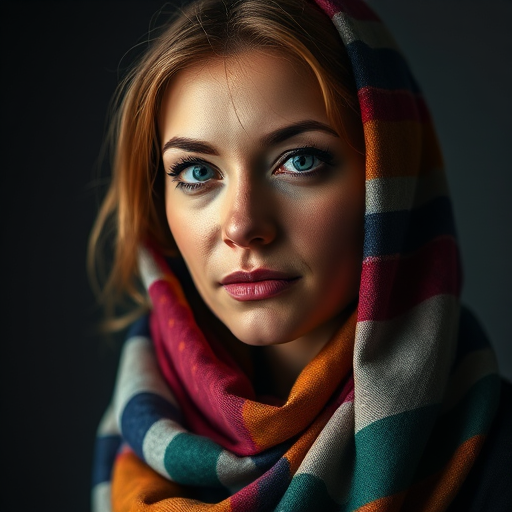 portrait of a woman in a colorful scarf, soft lighting, shallow depth of field, ISO 100, f/2.8, 85mm lens, studio setup, high contrast, warm tones, dramatic shadows