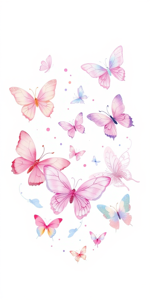Create a whimsical and delicate illustration featuring a variety of butterflies in soft pastel colors. Include shades of pink, purple, and light blue, with some butterflies appearing translucent. Add subtle splashes of color and gentle swirling lines to enhance the airy and dreamy atmosphere. The background should be white to emphasize the butterflies and their graceful movement.
