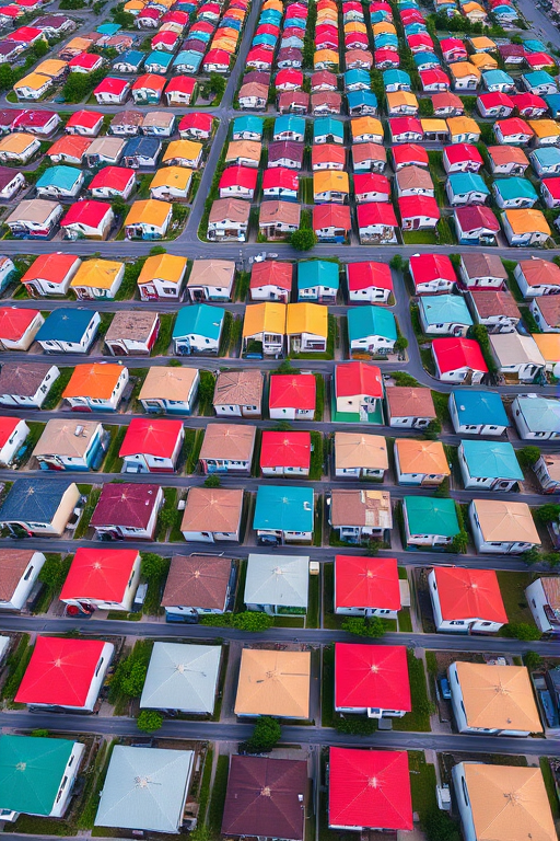 aerial shot of a vast array of identical houses with colorful roofs, high-resolution, 50mm lens, f/8 aperture, ISO 100, captured with a drone for an expansive view