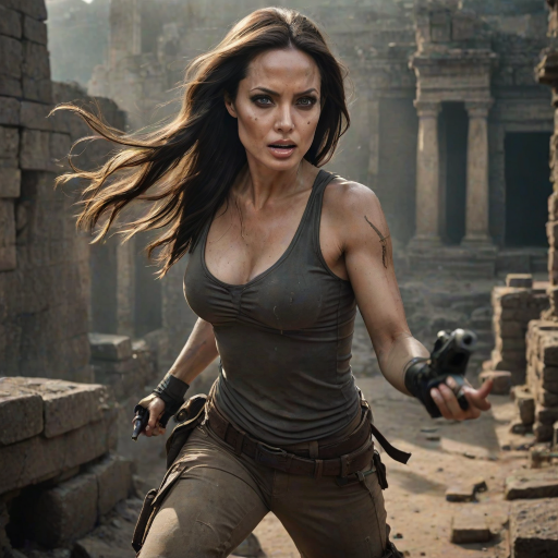 Fierce "Angelina Jolie" action pose, long dark hair in motion, determined expression, Tomb Raider inspired outfit, ancient ruins background, dramatic backlighting, smokey eye makeup, athletic physique