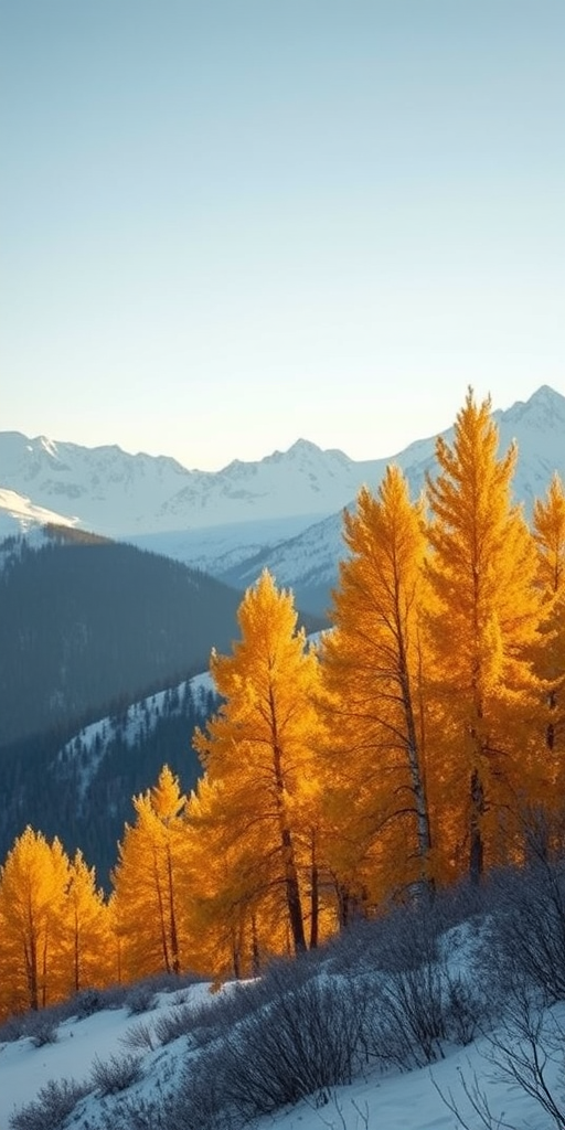 Capture a stunning winter landscape with snow-covered mountains in the background and a line of golden larch trees illuminated by soft sunlight, use a Canon EOS R5 with a 24-70mm f/2.8 lens, aperture set to f/8 for depth of field, ISO 100 for clarity, shoot at a focal length of 50mm, and use a tripod for stability to enhance image quality.