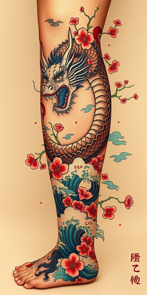 Bold traditional Japanese tattoo spanning the entire leg, showcasing a fierce dragon intertwined with cherry blossoms and crashing waves, utilizing rich colors and bold outlines in the classic Irezumi style