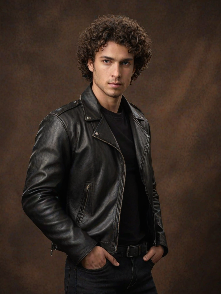 a male model with curly hair wearing a black leather motorcycle jacket, posing against a textured brown background with a serious expression