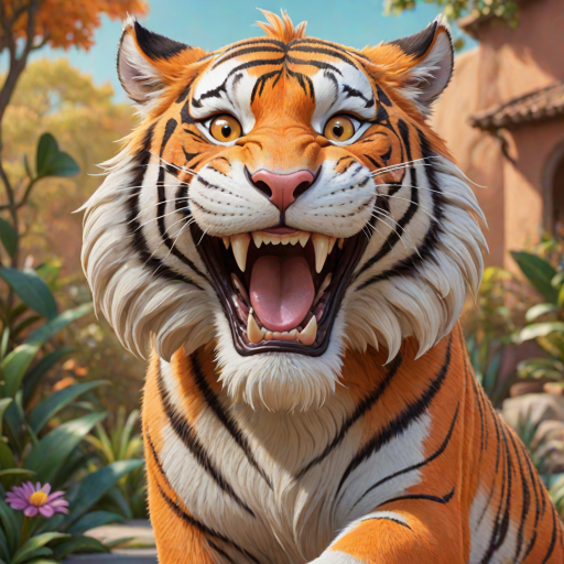 Disney style, cartoon illustration of an orange and white tiger with messy hair smiling very wide open mouth showing, in the Disney Pixar animation style, in the style of Don Bluth, full teeth body, with a very detailed face, very detailed eyes, very detailed fur, full color, very colorful, with a very colorful background, soft pastel colors, high resolution, high quality, high detail, hyper realistic