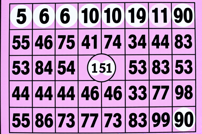 Create a high-resolution image of a bingo card featuring numbers 5, 6, 10, 12, 27, 34, 44, 48, 51, 53, 61, 70, 73, 83, and 90 with a vibrant purple and black color scheme, shot with a DSLR camera at f/2.8, ISO 100, 50mm lens, overhead view for a clear and engaging presentation.