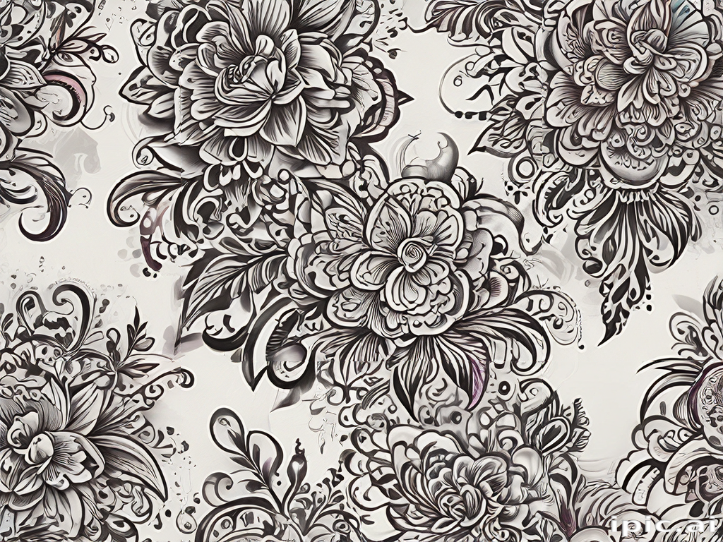 Intricate Black and White Floral Design with Elaborate Patterns and Details