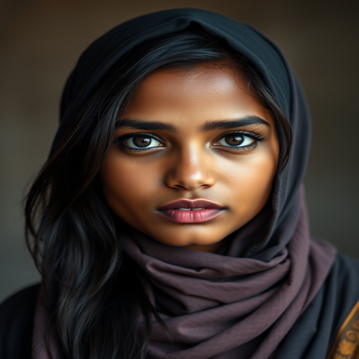 Create a portrait of a young Sri Lankan woman with long, dark hair and captivating hazel eyes. She is wearing a dark headscarf and a matching scarf draped gracefully around her neck. The background is softly blurred, focusing attention on her serene and natural expression. The overall color palette is muted and warm, enhancing the intimate and authentic feel of the portrait.