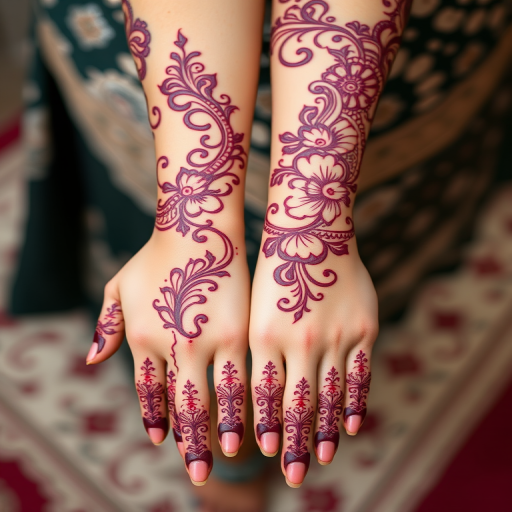 Empowering body tattoo featuring intricate henna-inspired patterns adorning the hands and forearms, rendered in rich burgundy ink with delicate swirls