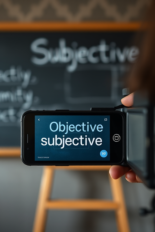 Capture a high-resolution image of a smartphone displaying the word "subjective" while its camera focuses on the chalkboard with the word "objective" in soft focus, using a DSLR camera at f/2.8 aperture, ISO 100, and a 50mm lens, in a well-lit indoor environment.