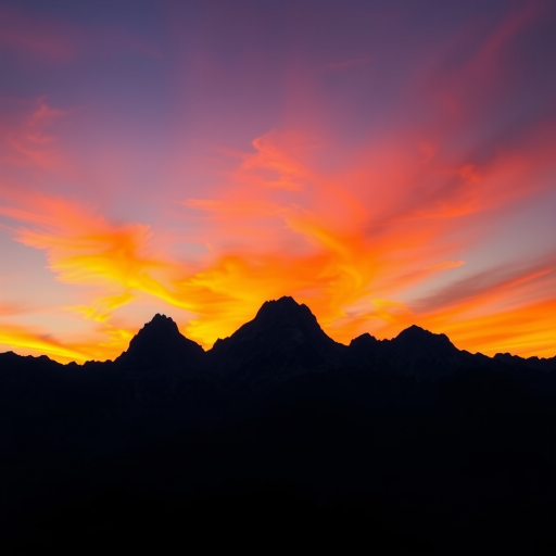 Generate a high-resolution silhouette of a majestic mountain range during sunset with vibrant orange and purple hues in the sky, captured using a Canon EOS R5, ISO 100, f/8 aperture, 24mm lens, landscape orientation.