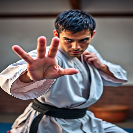 Generate a high-resolution image of a martial artist in an action pose with a detailed hand gesture, using a DSLR camera at f/2.8, ISO 100, shutter speed 1/500 sec, 35mm lens, in a soft natural light setting to enhance clarity and contrast.