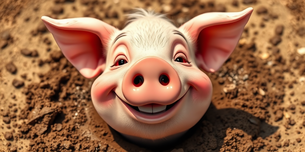 Create a vibrant cartoon-style image of a happy pig's face with a big smile and a playful expression, set against a splatter of mud, using a Canon EOS R5 camera, 50mm lens, f/1.8 aperture, ISO 200, and a bright, natural lighting setup for enhanced image quality.