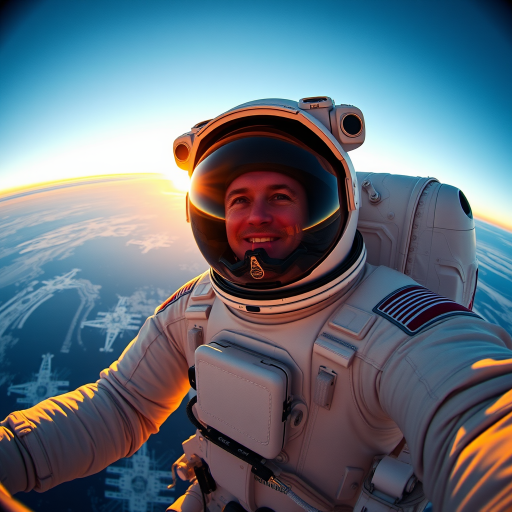 Astro naut in a space suit taking a selfie with Earth in the background, high-resolution, 24mm lens, f/8 aperture, ISO 100, shot at sunset, taken with a DSLR camera, wide-angle view.