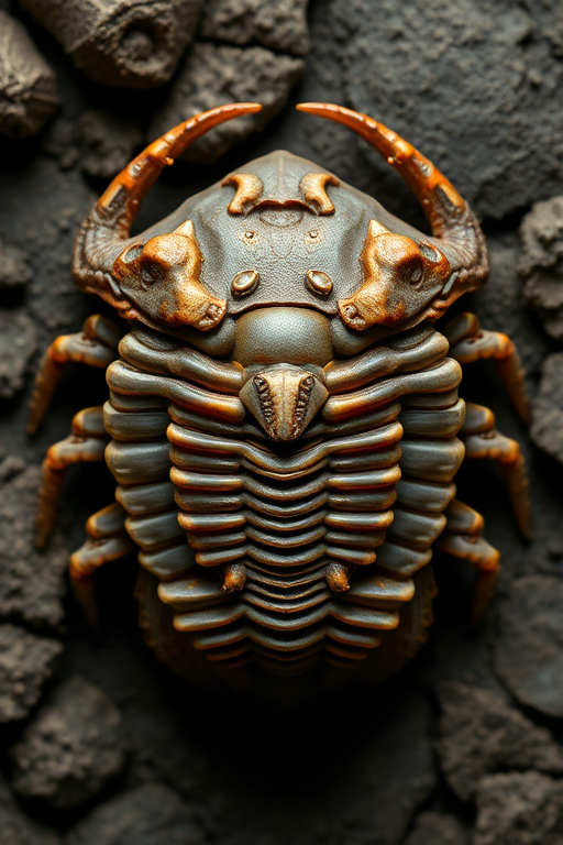 Create a highly detailed illustration of a trilobite from a top-down view, using a DSLR camera with a 50mm lens, aperture set to f/8, ISO 100, and a high-resolution setting to enhance clarity and texture.