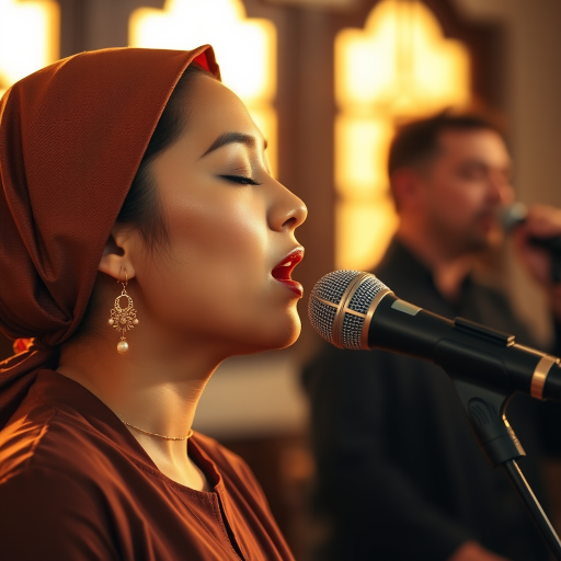 A close-up portrait of a asian woman with her eyes closed, singing into a microphone, positioned on the right side of the frame, facing the viewer. She is wearing a brown headscarf, gold earrings, and a brown blouse, and is bathed in warm, golden light emanating from the windows behind her. A blurred figure of a man singing into a microphone is visible in the background. The scene has a sense of calm and spirituality.
