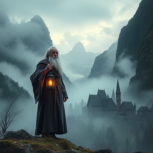 Create a fantasy scene featuring an old wise man with a lantern standing in a misty, atmospheric landscape surrounded by towering mountains and a mystical village, shot with a DSLR camera at f/1.8, ISO 100, 50mm lens, using soft lighting and depth of field to enhance details in the foreground and background.