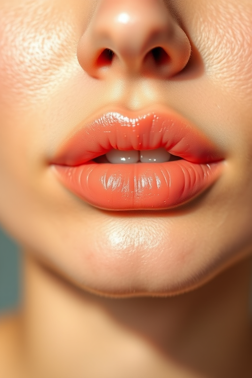 Radiant peach lips with a dewy finish, exuding a fresh and youthful glow, photographed in soft, natural light to enhance the healthy and vibrant appearance