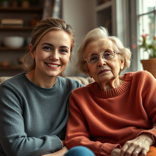 Generate a warm portrait of a young woman and an elderly lady sitting together in a cozy indoor setting, utilizing a Canon EOS R5 camera, with a 50mm f/1.2 lens, aperture set to f/2.8, ISO 100, and a shallow depth of field to create a blurred background, capturing natural light through a window.