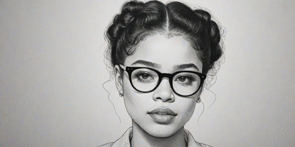 Exquisite Ella Mai, pencil sketch, portrait of Lovely woman 1936s in glasses, hair style beatnik, outline, clear lines, fine lines, 8k