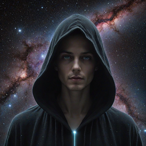 A mysterious hooded figure stands silently, the dark cloak flowing around them like shadows. Beneath the hood, their face is a mesmerizing cosmic scene where swirling galaxies, radiant stars, and vibrant planets form the features. Nebulas drift where eyes should be, glowing softly, while delicate streaks of cosmic energy trace the outlines of a nose and lips. Comets streak across the vastness of their face, and faint constellations pulse with life. The entire visage shifts and evolves as if the universe itself is contained within the figure, giving an ethereal, otherworldly presence to their form.