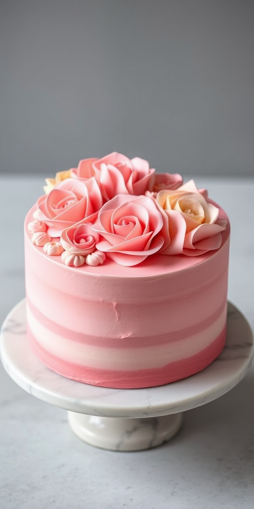 Create an image of a round cake with smooth pink ombre frosting and decorated with swirls of pink and peach buttercream flowers on top. The cake is placed on a marble cake stand and has a minimalist design with a clean finish.