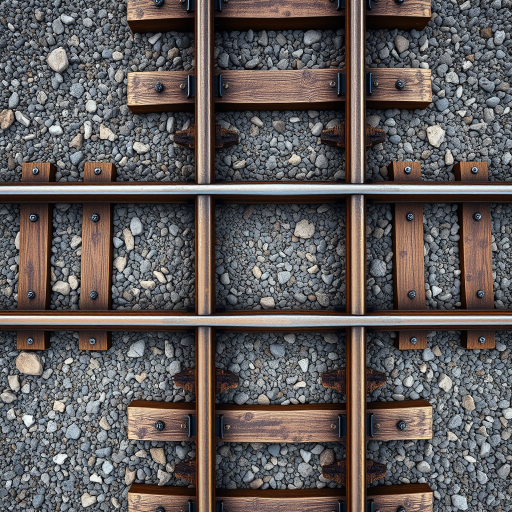 Generate a high-resolution aerial view of a railway track with wooden ties, focusing on the texture of the gravel and metal, using a DSLR camera at 50mm focal length, f/2.8 aperture, ISO 100, with a top-down perspective and enhanced color contrast for clarity.