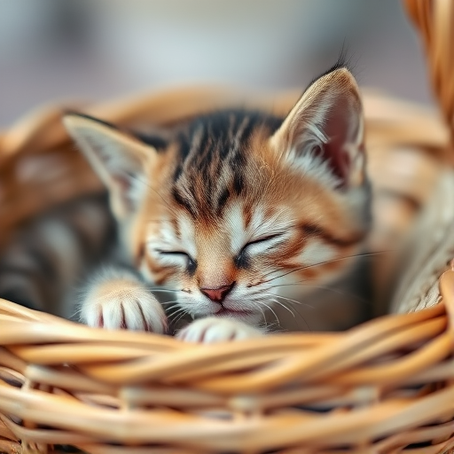 A cute sleeping kitten in a wicker basket with soft lighting, f/1.8 aperture, 50mm lens, ISO 100, shallow depth of field, soft focus background, natural light photography.