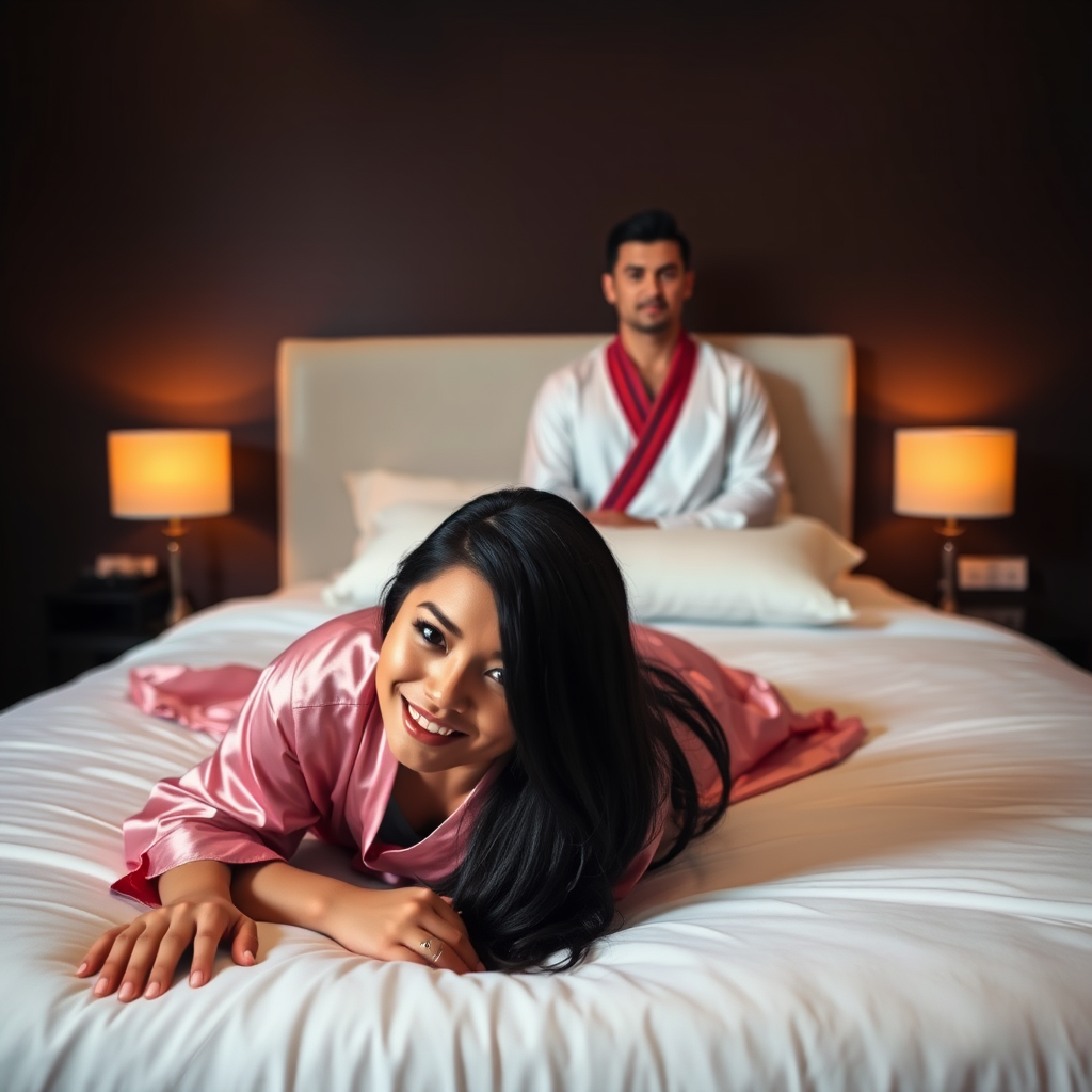 A man and a woman are lying on a bed in a dimly lit bedroom. The woman is in the foreground, lying on her stomach and looking directly at the viewer with a smile. She is wearing a pink silk robe and has long black hair. The man is sitting up in the background, looking directly at the viewer with a neutral expression. He is wearing a white silk robe with a red trim and has short black hair. The bed is white and has a white pillow at the head of the bed. There are two lamps on nightstands on either side of the bed, and the walls are a dark brown. The overall atmosphere is warm and inviting, with a soft focus on the subjects.