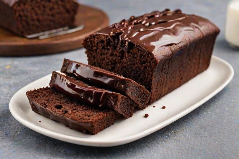 Create an image of a moist chocolate loaf cake sliced, showcasing its rich, dark interior. The slices should be drizzled with shiny chocolate glaze, placed on a white plate with a simple background.