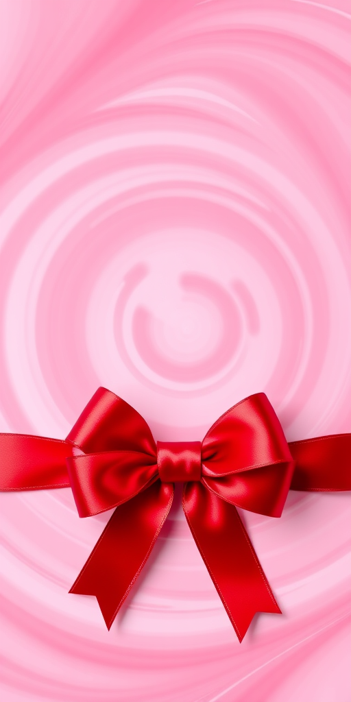 Create a vibrant gift card design featuring a soft pink swirl background with a shiny red bow and ribbon, using a Canon EOS R5 with a 50mm f/1.2 lens, aperture set to f/2.8, ISO 100, and shot from a 45-degree angle.
