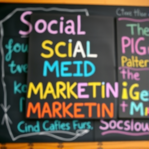 Generate an image of three overlapping chalkboards with colorful text related to social media and marketing, using a shallow depth of field, ISO 100, aperture f/2.8, 50mm lens, captured from a slightly elevated angle.