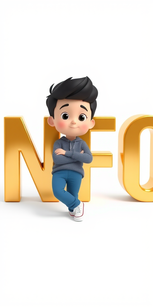 Generate an image of a 3D cartoon character leaning against stylized golden letters spelling "INFO," with a clean white background, using a DSLR camera with a 50mm lens, aperture f/1.8, ISO 100, and a soft focus to enhance depth, in a bright and vibrant style.