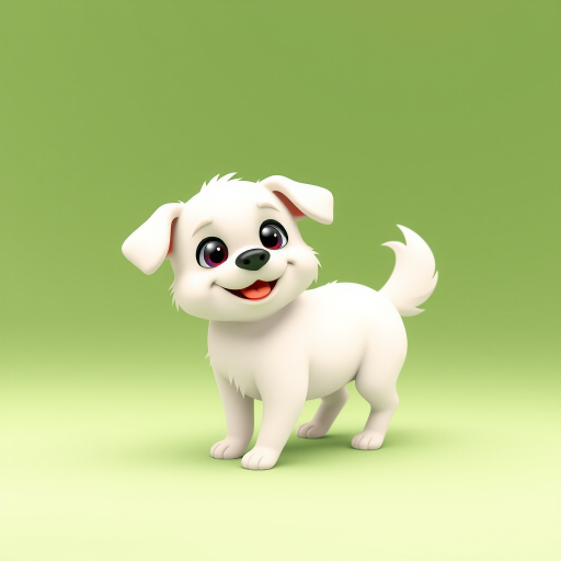 Create a cute cartoon-style image of a small white dog with a playful expression, standing on a soft green background, using a DSLR camera with a 50mm lens, aperture f/2.8, shutter speed 1/200s, ISO 100, in a bright and vibrant style.