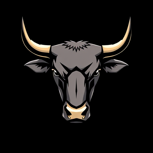 high-resolution image of a stylized bull head on a solid black background, shot with a 50mm lens at f/2.8, ISO 100, 1/200s, digital art style, top-down view