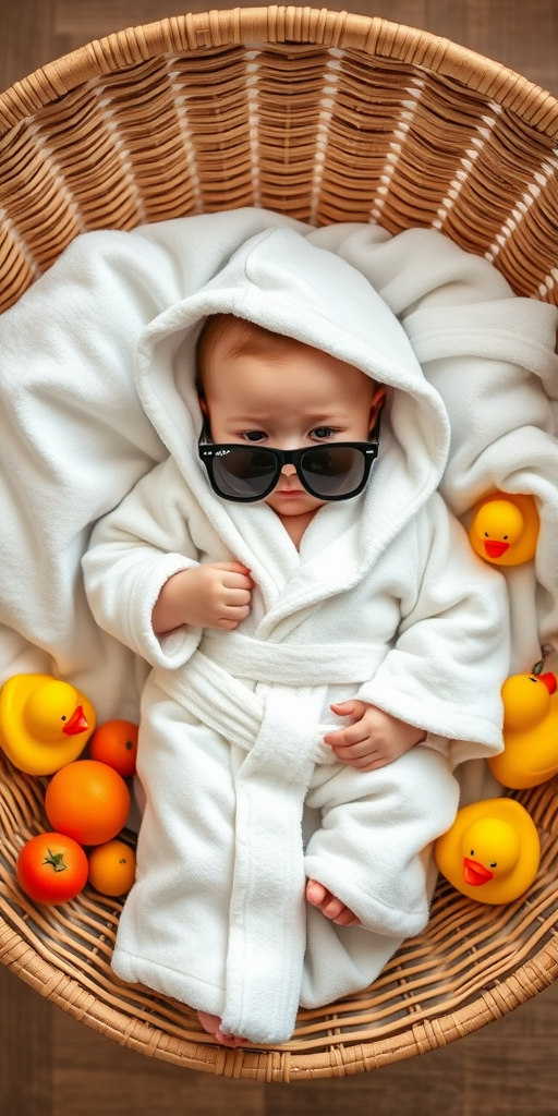 A cute baby in a cozy white robe, lying in a stylish woven chair with sunglasses, surrounded by rubber ducks and colorful fruit, shot with a DSLR camera at f/2.8, 50mm lens, natural lighting, top-down view for a soft focus background.