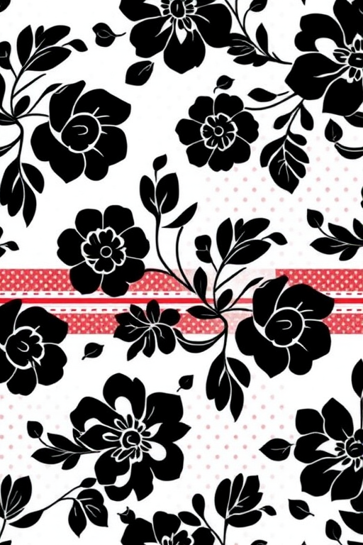 Generate a high-resolution seamless pattern design featuring intricate black floral motifs on a white background, with alternating bands of rich red and polka dot patterns, captured using a DSLR camera with a 50mm lens, aperture set to f/8, ISO 100, and a slightly low angle view to enhance depth.