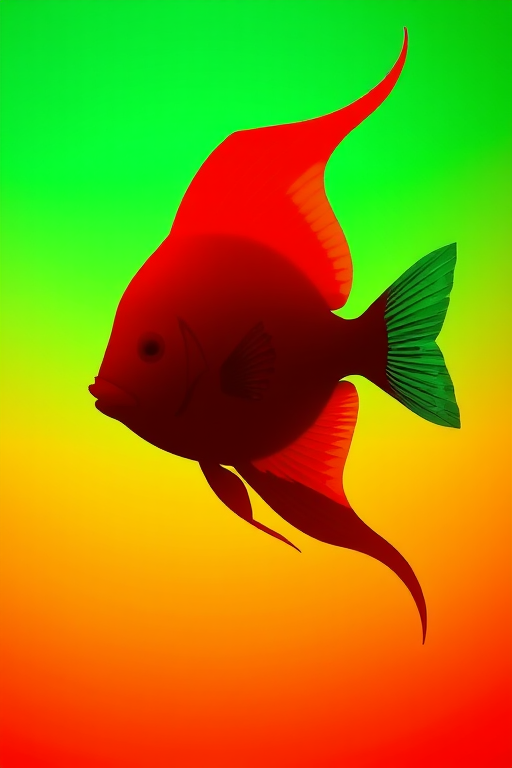 Create a vibrant gradient image of a fish silhouette in a wavy design, using a Canon EOS R5 camera, 50mm lens, aperture f/2.8, shutter speed 1/200s, ISO 100, soft natural lighting, and a focus on smooth color transitions from red to green.