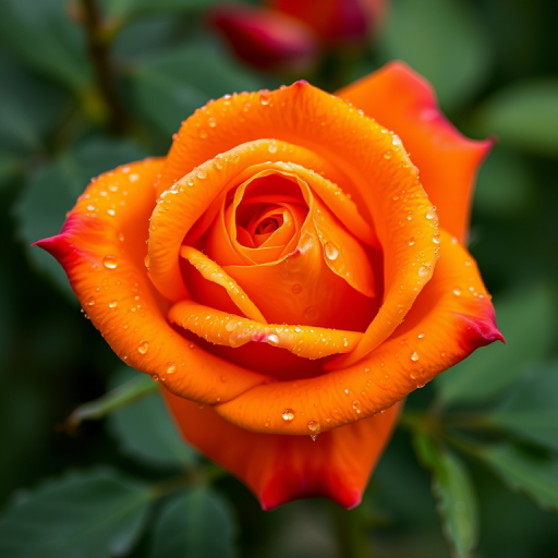 A close-up shot of a dew-covered orange rose with vibrant petals and green leaves, taken with a Canon EOS R5, 85mm lens, f/1.8 aperture, ISO 200, shot in soft natural light for enhanced clarity and color richness.