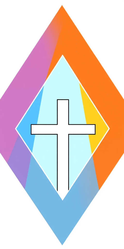 Create a high-resolution graphic of a stylized cross within a diamond shape using a digital drawing tablet with a resolution of 300 DPI, viewed from a direct overhead angle, utilizing a clean minimalist design style, and rendered in vibrant colors for enhanced visual impact.