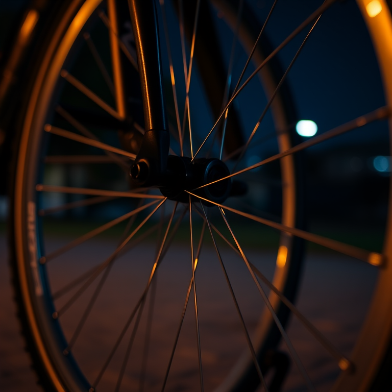 Capture a close-up image of a bicycle wheel at night with the spokes illuminated, using a DSLR camera with a 50mm lens, aperture set to f/2.8, ISO 800, and a shutter speed of 1/60 seconds, with side lighting to enhance the details.