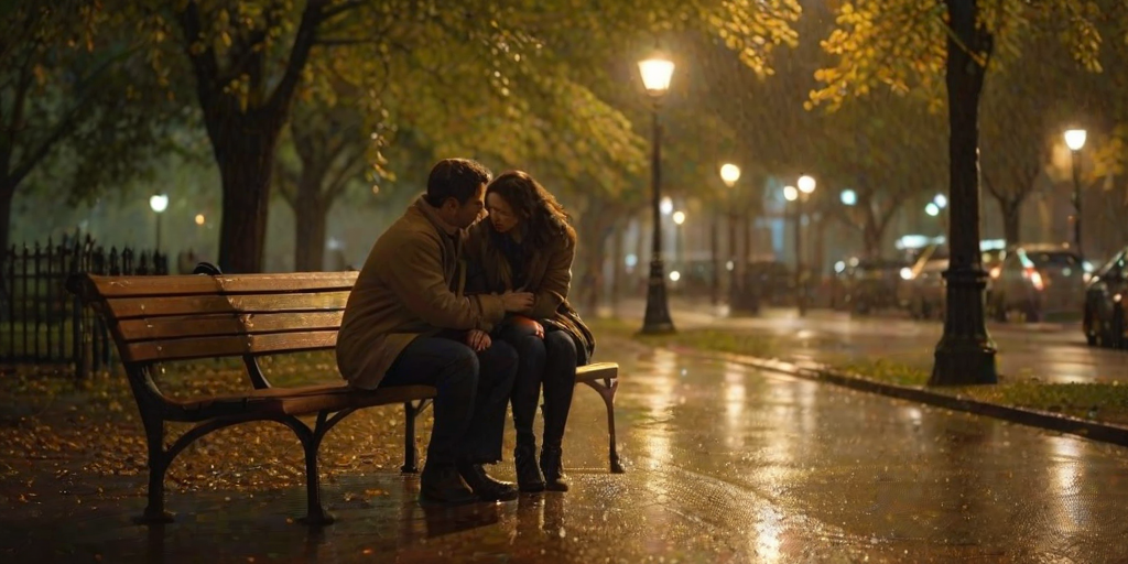 Warmly lit photo of a couple sitting on a park bench in the rain, soft glow from a nearby streetlamp casting a golden hue on the scene, raindrops gently falling around them, their hands intertwined, the distant sound of rain tapping on the leaves and pavement filling the air.